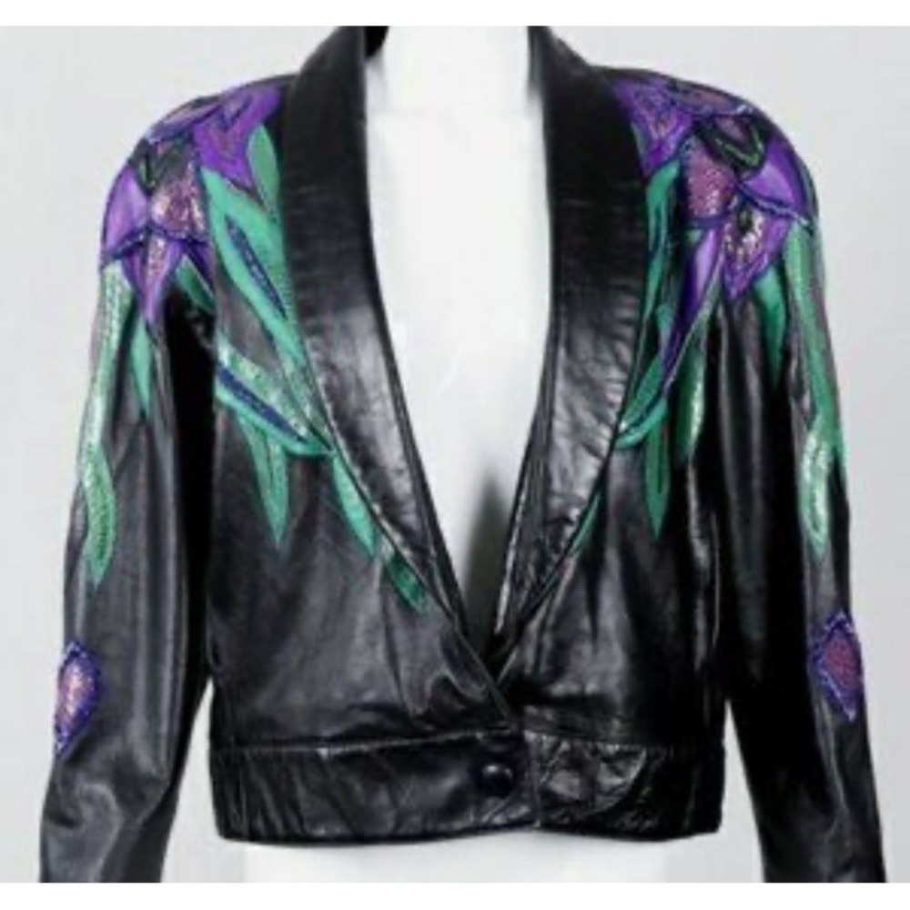 Vtg 80's Erez Flaming Irises Leather Jacket M Moto Snakeskin Trim Colorful Art - Picture 3 of 16
